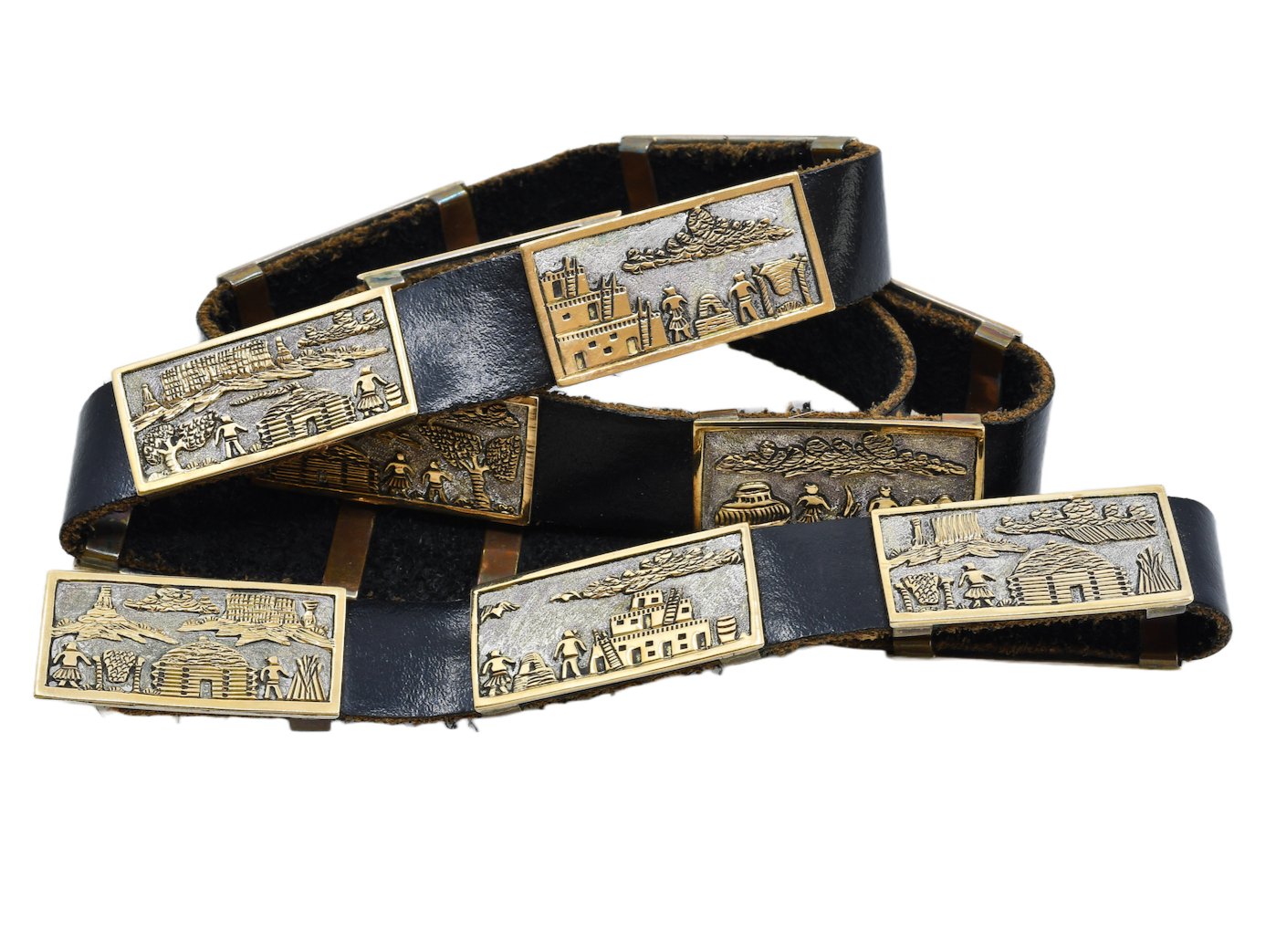 Navajo Eugene Hale Storyteller Belt Of Silver and Gold Overlay - Turquoise & Tufa