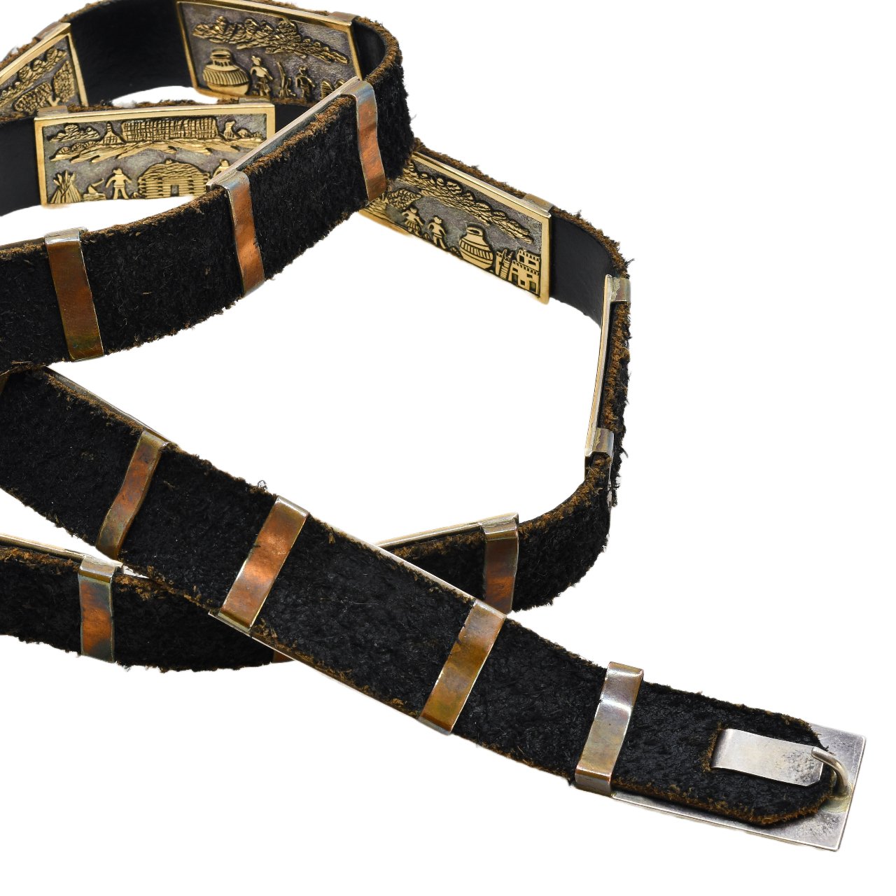 Navajo Eugene Hale Storyteller Belt Of Silver and Gold Overlay - Turquoise & Tufa