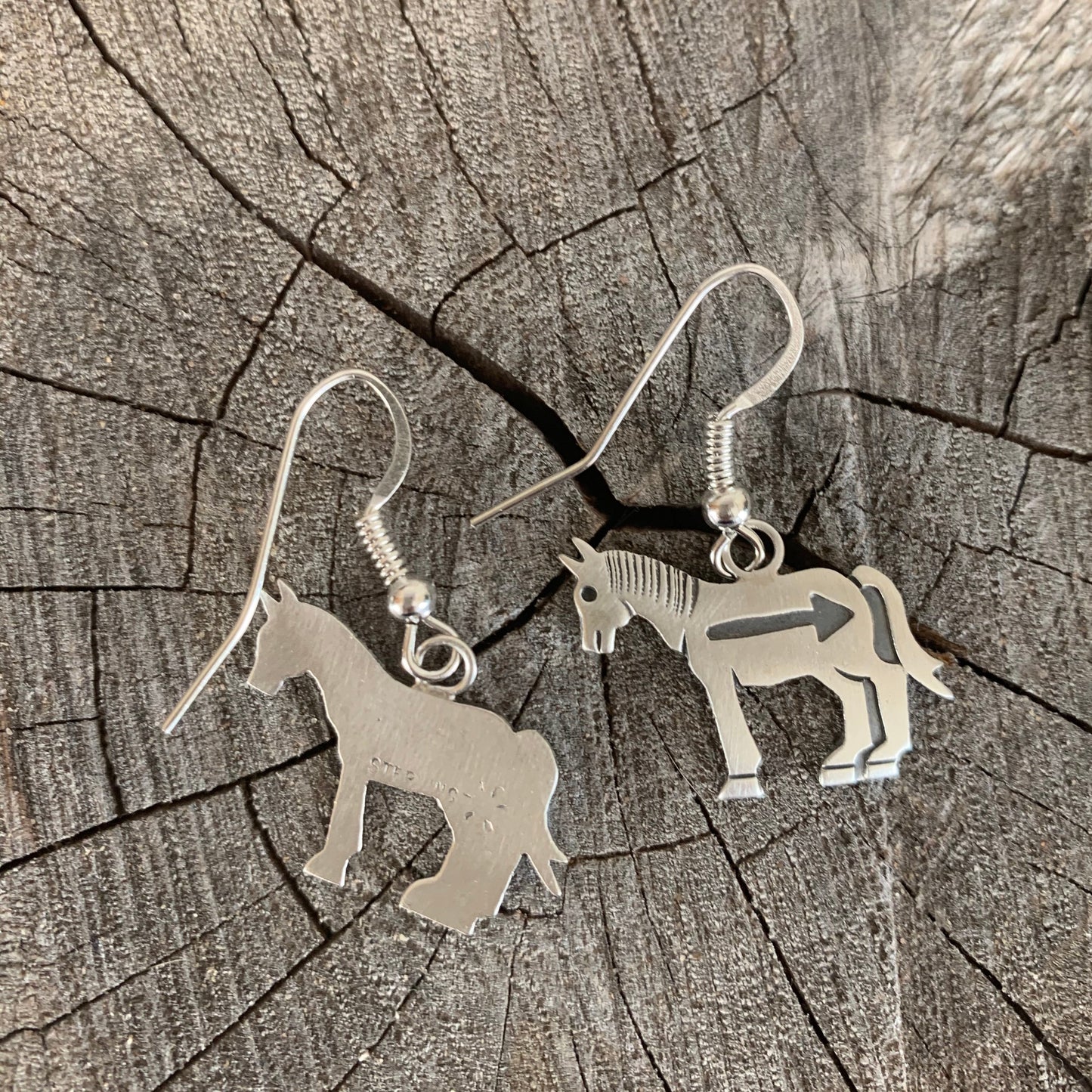 Navajo Silver Overlay Earrings of Horse With Arrow by Irvin Gene - Turquoise & Tufa