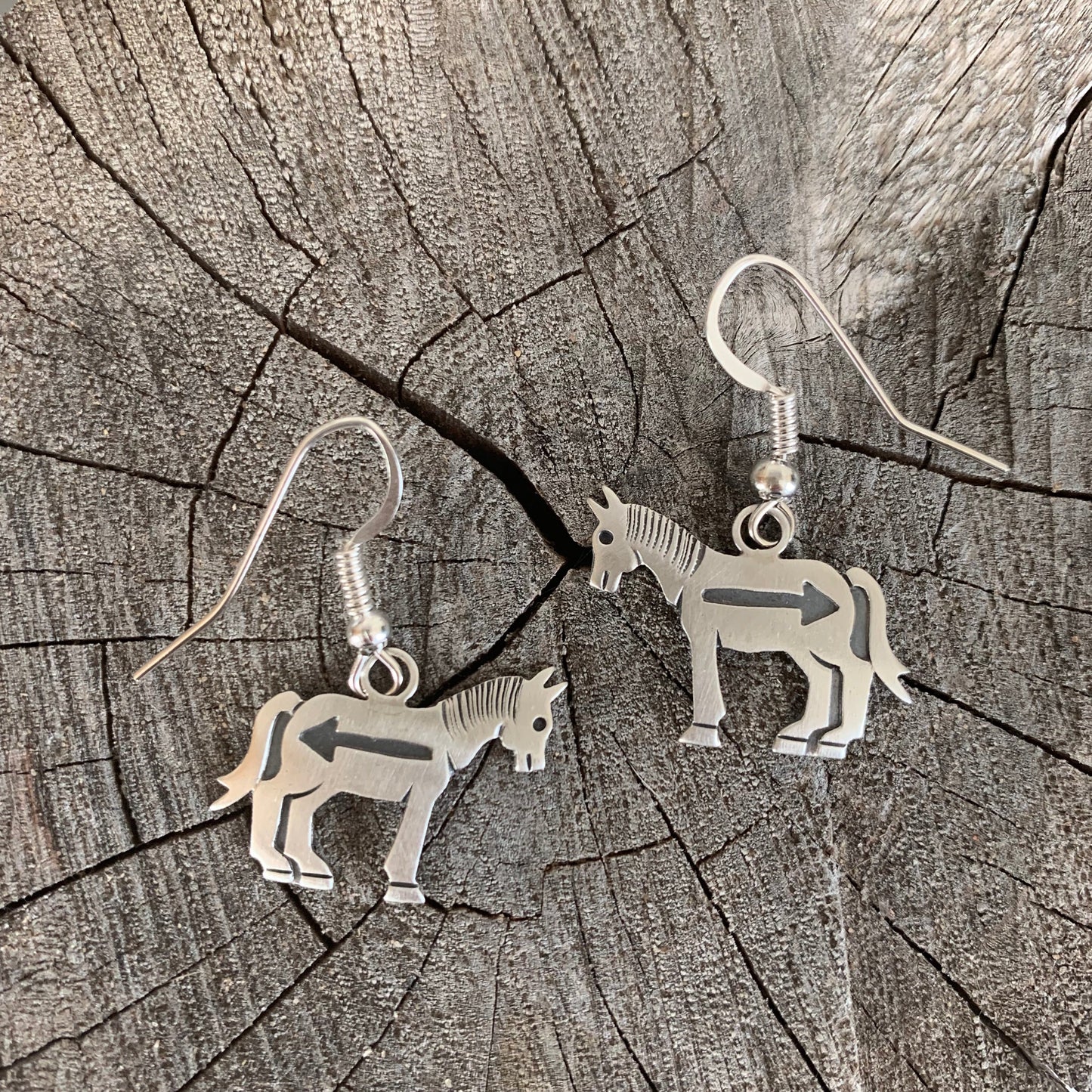 Navajo Silver Overlay Earrings of Horse With Arrow by Irvin Gene - Turquoise & Tufa