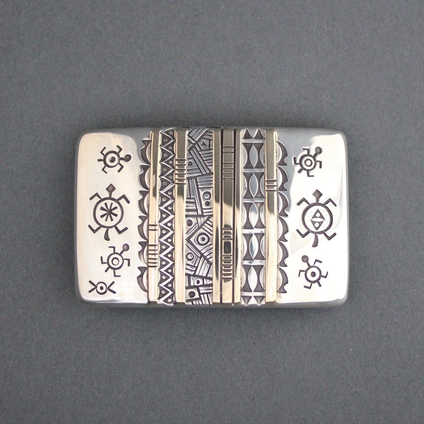 Norbert Peshlakai Silver Buckle of Silver and Gold Entitled Turtle Society - Turquoise & Tufa