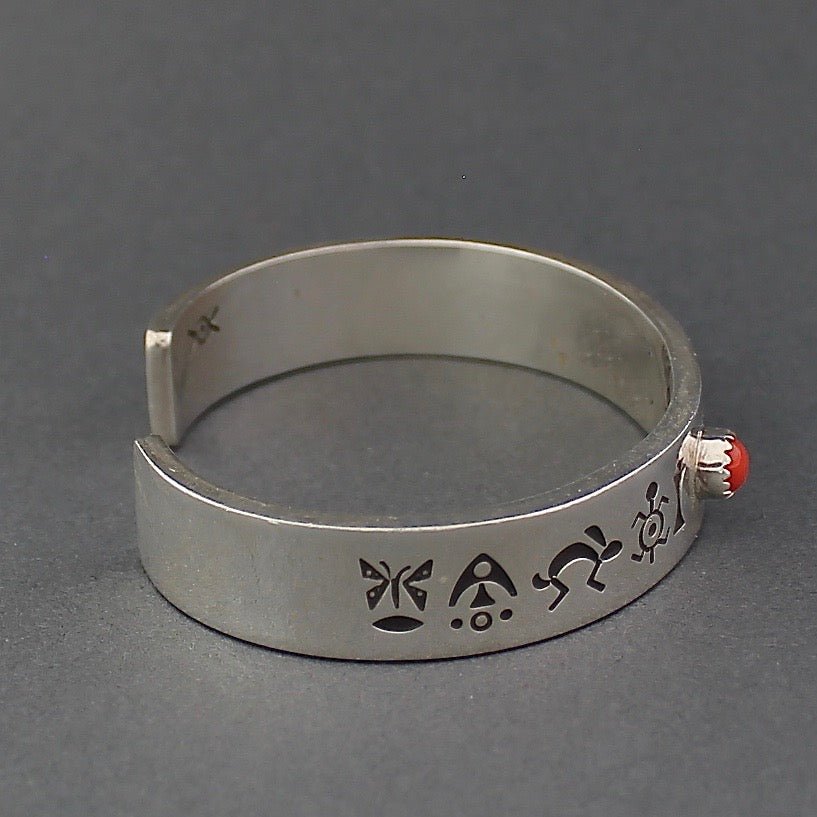 Norbert Peshlakai Silver Stamped Bracelet With Coral Cab - Turquoise & Tufa