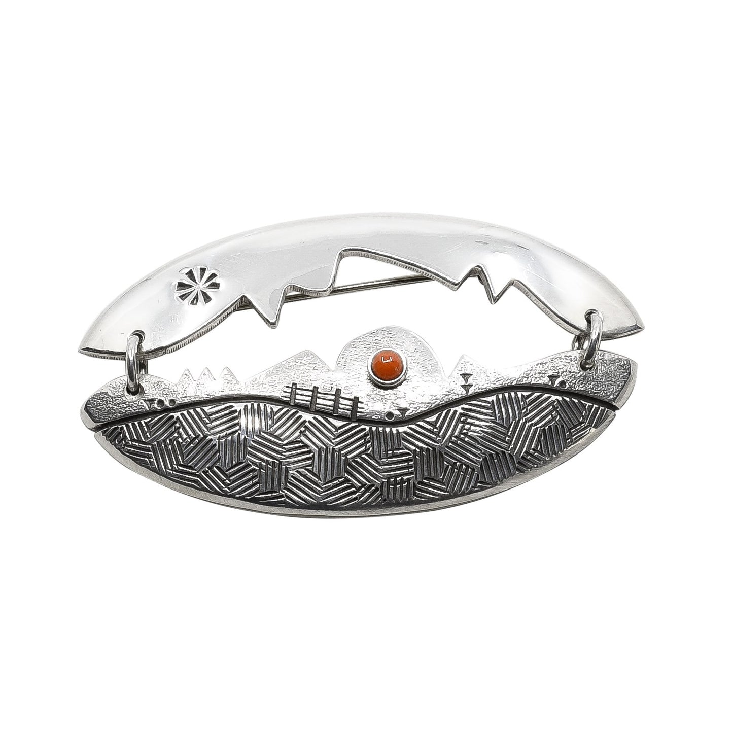 Norbert Peshlakai Stamped Silver Brooch Set With Coral - Turquoise & Tufa