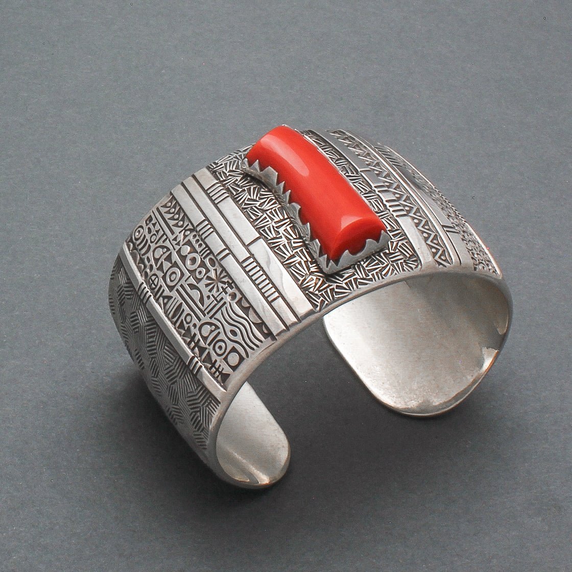 Norbert Peshlakai Wide Silver Stamped Bracelet With Coral Stone - Turquoise & Tufa