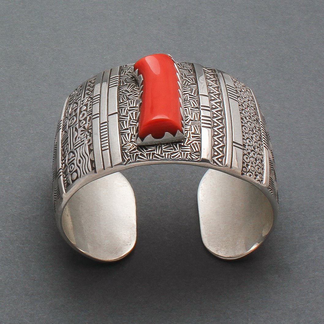 Norbert Peshlakai Wide Silver Stamped Bracelet With Coral Stone - Turquoise & Tufa