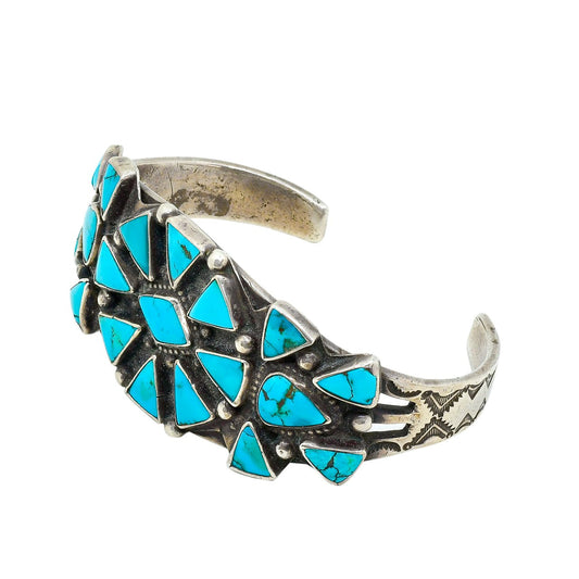 Old Navajo Cluster Bracelet of Natural Blue Gem Turquoise - Turquoise & Tufa
