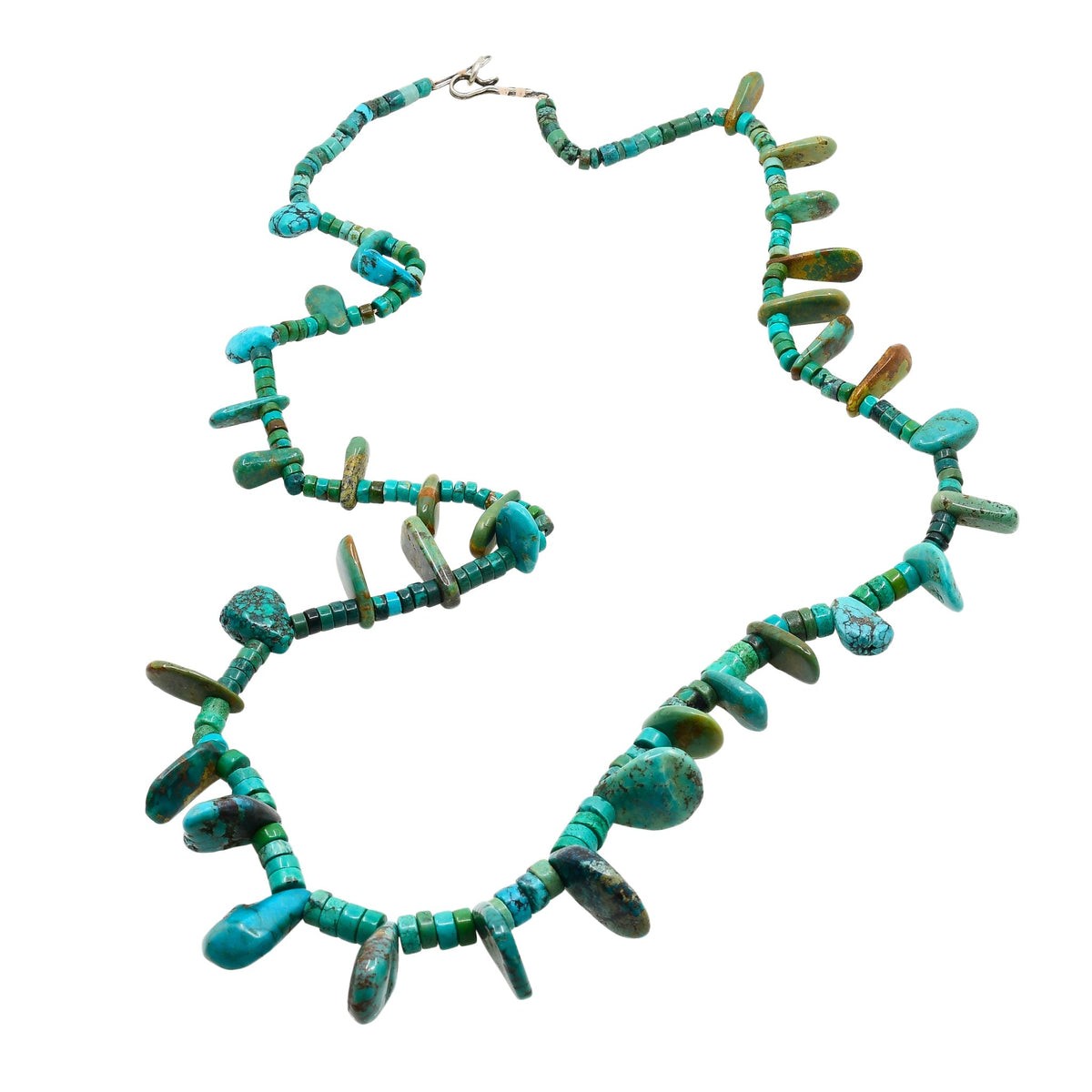 Old Navajo or Pueblo Necklace of Green Turquoise Tabs Pump Drilled - Turquoise & Tufa