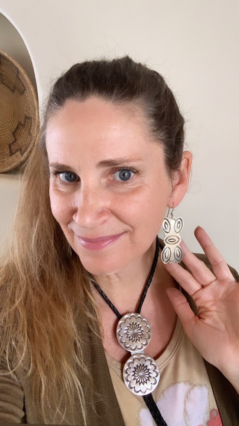 Old Navajo Silver Earrings With Repousse - Turquoise & Tufa