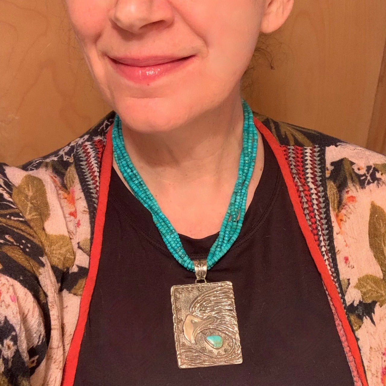 Original Handmade Fritz Casuse Pendant of Heavy Silver Eagle With Turquoise Accent - Turquoise & Tufa