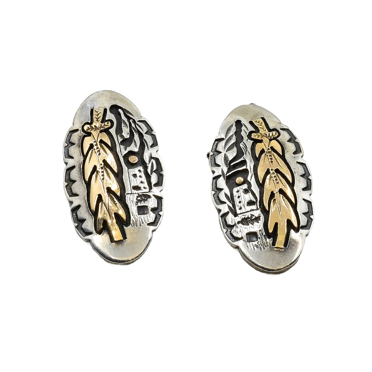 Phil Pvo Earrings of Silver and 14kt Gold Corn and Pueblo Scene - Turquoise & Tufa