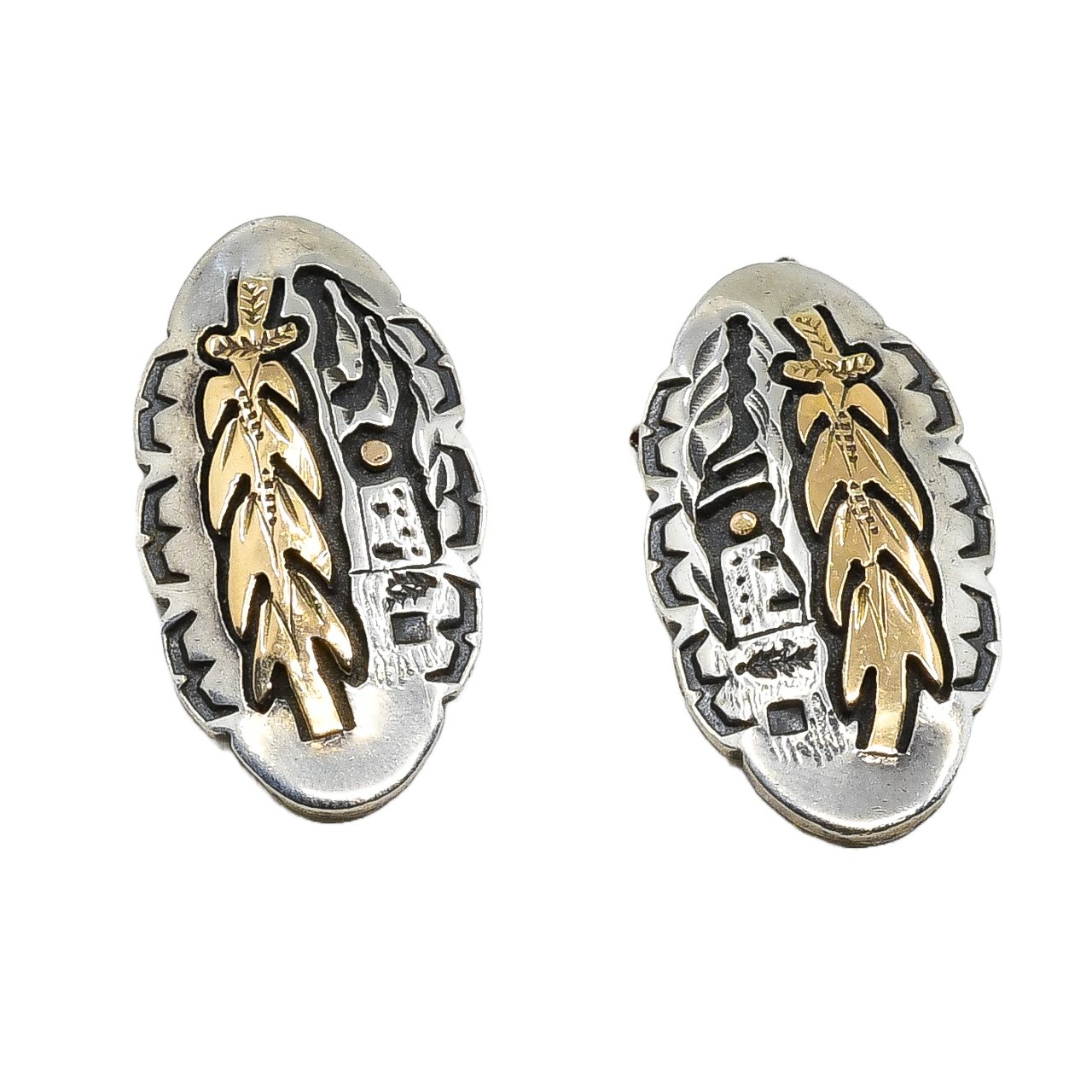Phil Pvo Earrings of Silver and 14kt Gold Corn and Pueblo Scene - Turquoise & Tufa