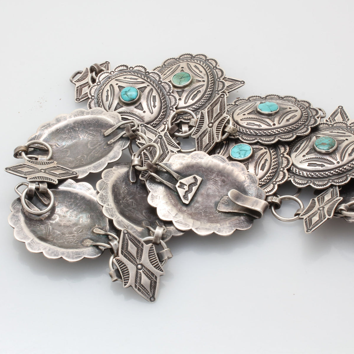 Rare Old Hopi Morris Robinson Concho Belt of Silver With Turquoise - Turquoise & Tufa