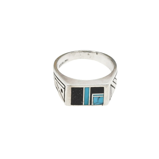 Ray Tracey Inlay Ring of Turquoise and Jet in Sterling Silver - Turquoise & Tufa