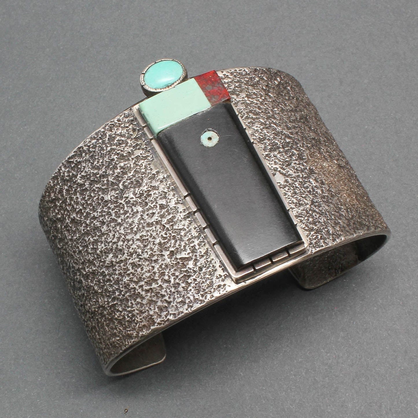 Raymond Sequaptewa Wide Silver Bracelet Entitled Man On The Moon - Turquoise & Tufa