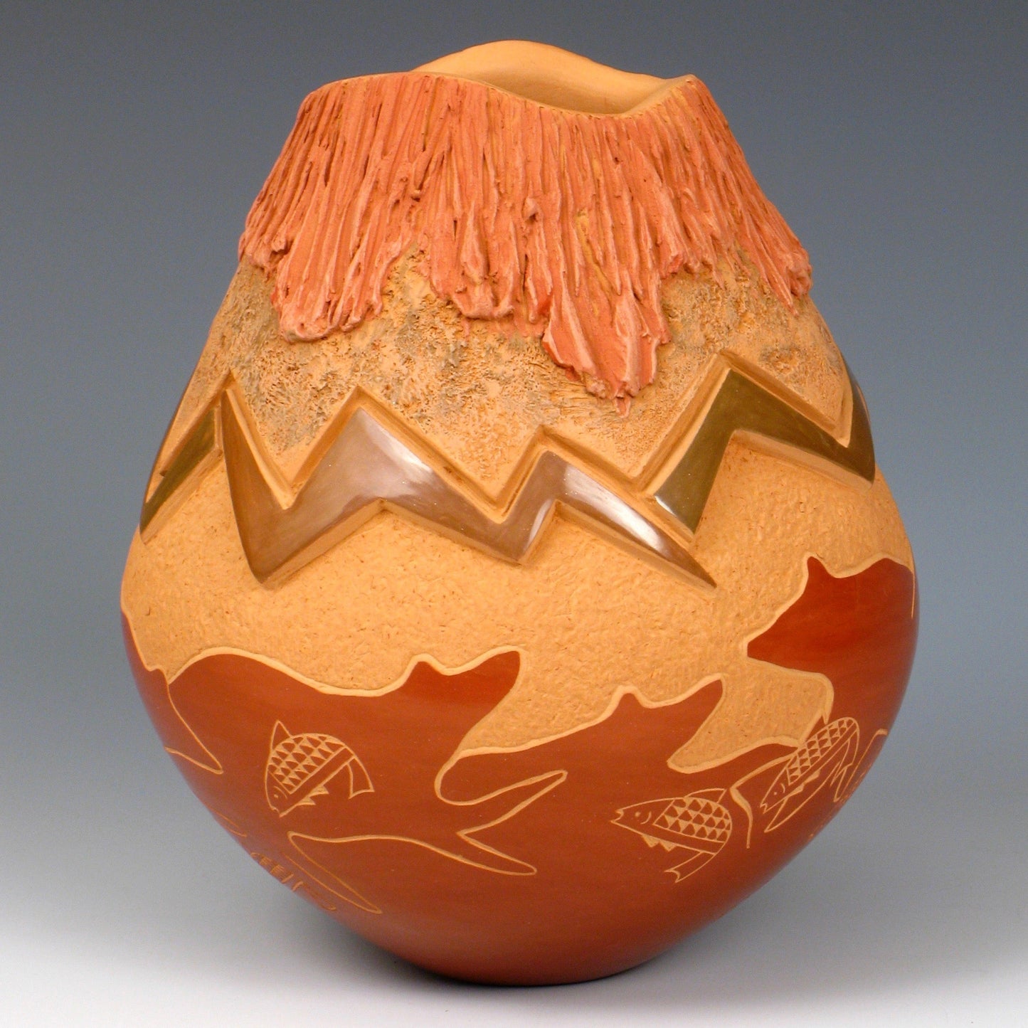 Redware Jar By Russell Sanchez With Etched Bears, Fish and Mountains - Turquoise & Tufa