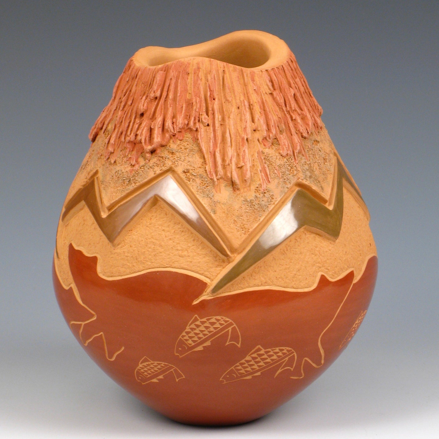 Redware Jar By Russell Sanchez With Etched Bears, Fish and Mountains - Turquoise & Tufa