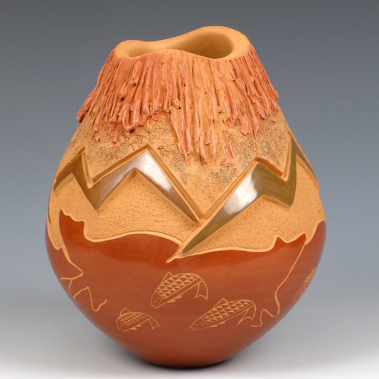 Redware Jar By Russell Sanchez With Etched Bears, Fish and Mountains - Turquoise & Tufa