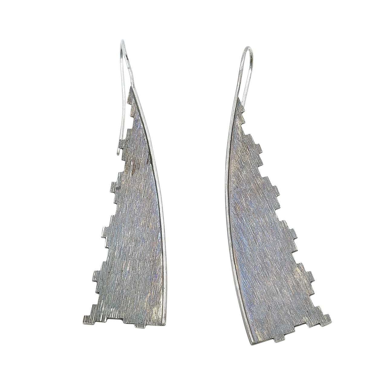 Ric Charlie Earrings of Brushed Sterling Silver Step Design - Turquoise & Tufa