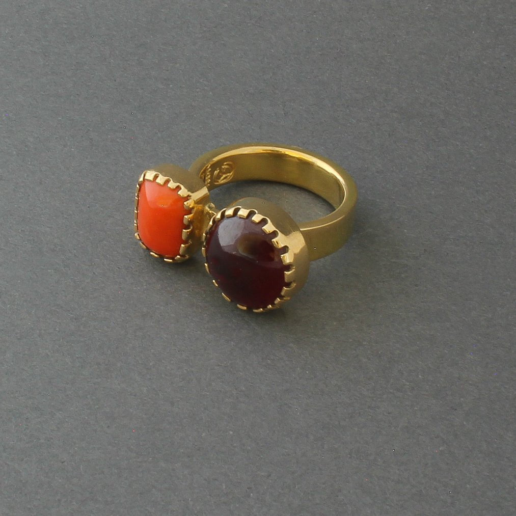 Ring of 18kt Gold And Garnet and Coral By Gail Bird and Yazzie Johnson - Turquoise & Tufa