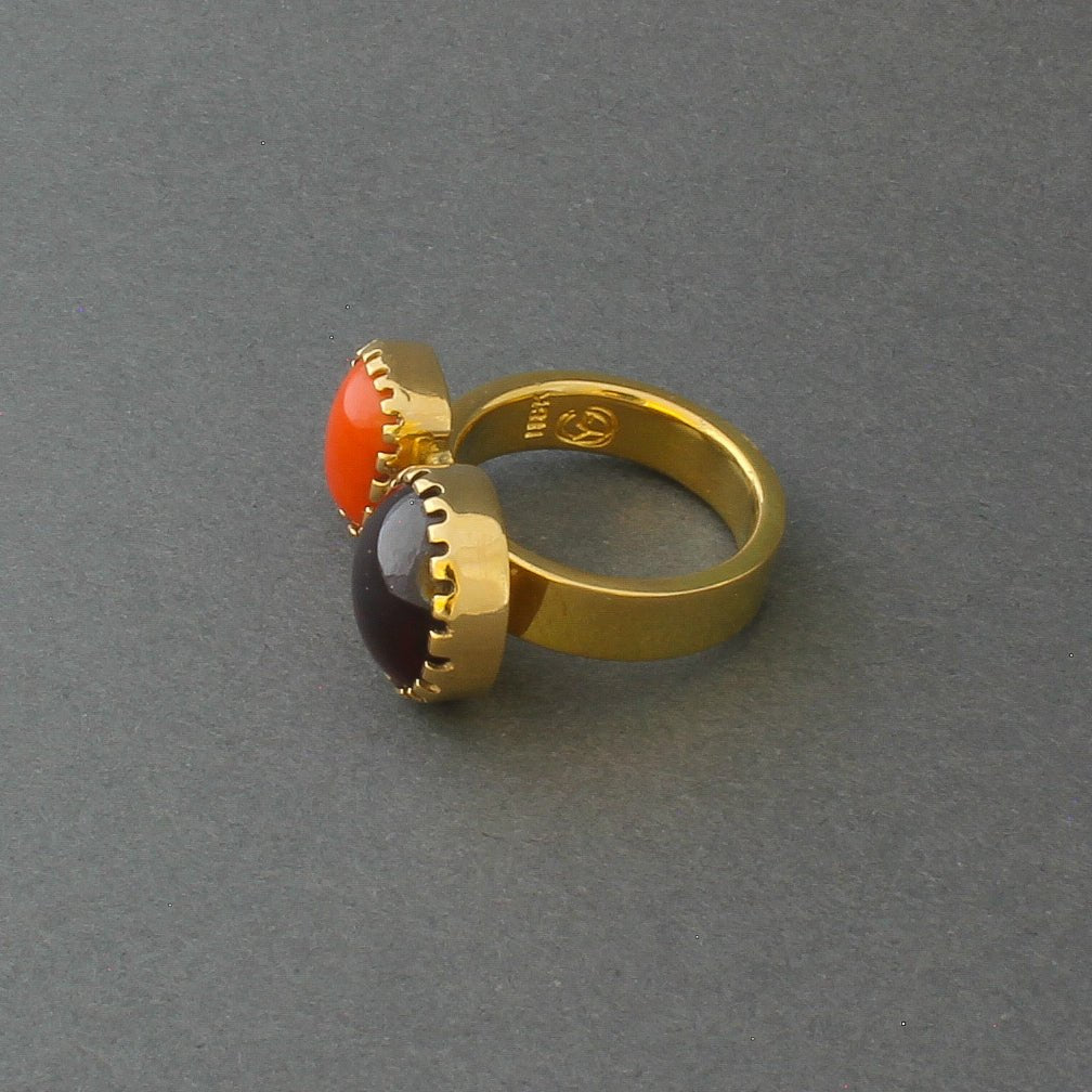 Ring of 18kt Gold And Garnet and Coral By Gail Bird and Yazzie Johnson - Turquoise & Tufa
