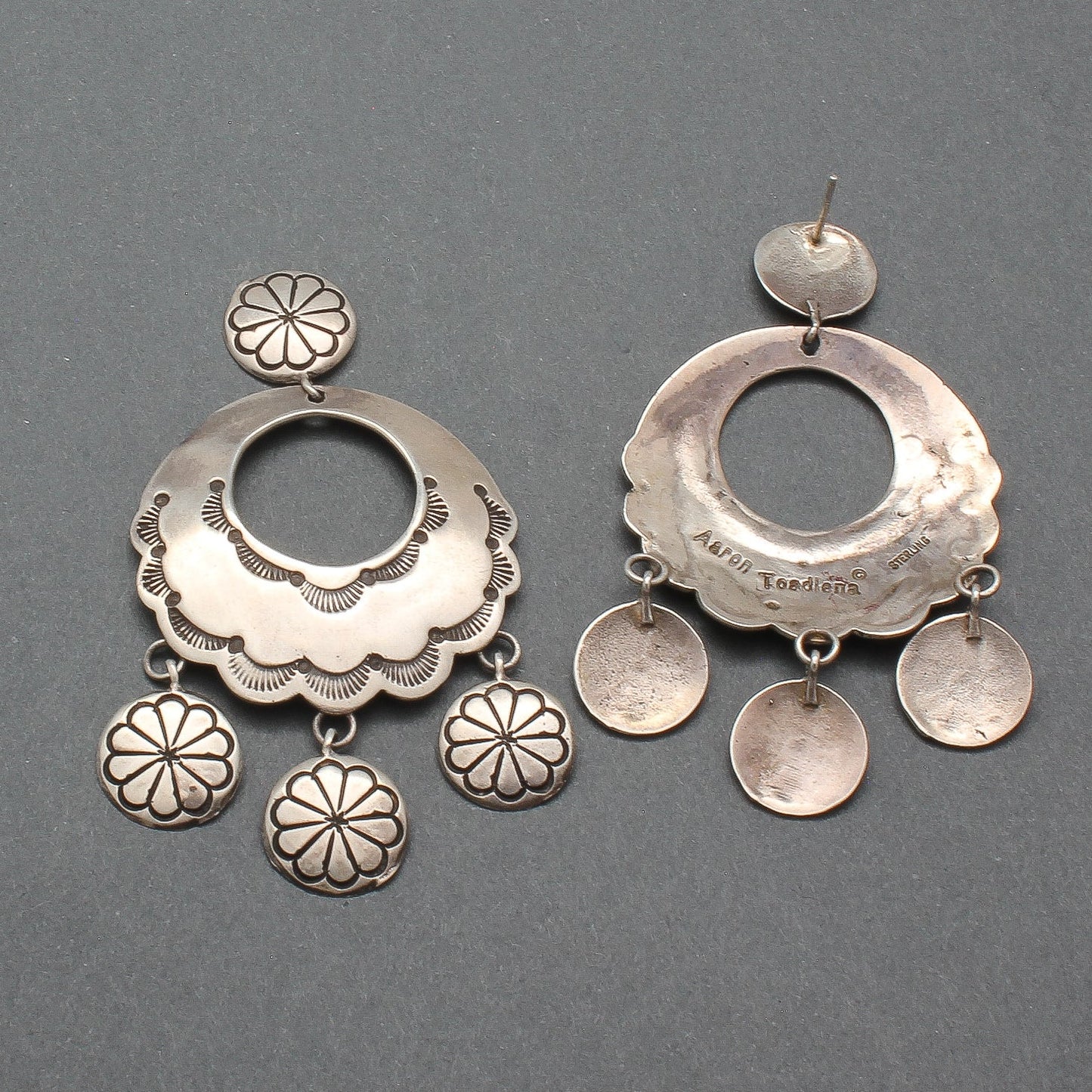 Sterling Silver Hoop Dangle Earrings by Aaron Toadlena - Turquoise & Tufa