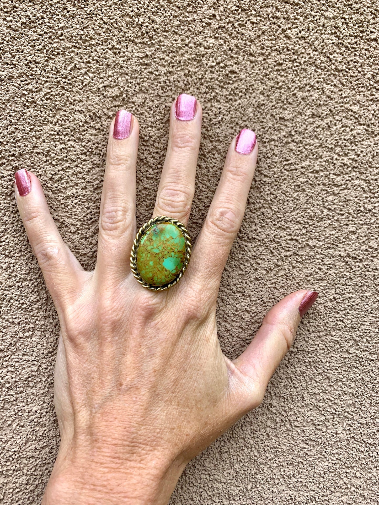 Tony Agilar Sr. Statement Ring of Turquoise and Brass - Turquoise & Tufa