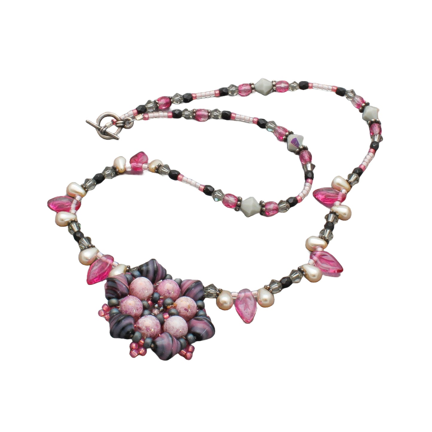 Tsatowe Billings Beaded Pink Flower Necklace - Turquoise & Tufa