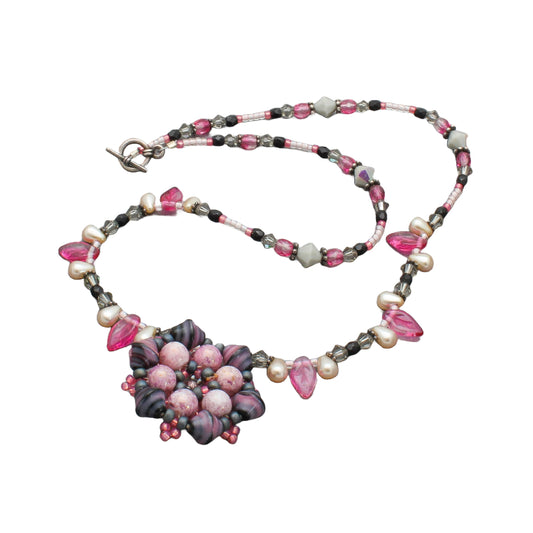 Tsatowe Billings Beaded Pink Flower Necklace - Turquoise & Tufa