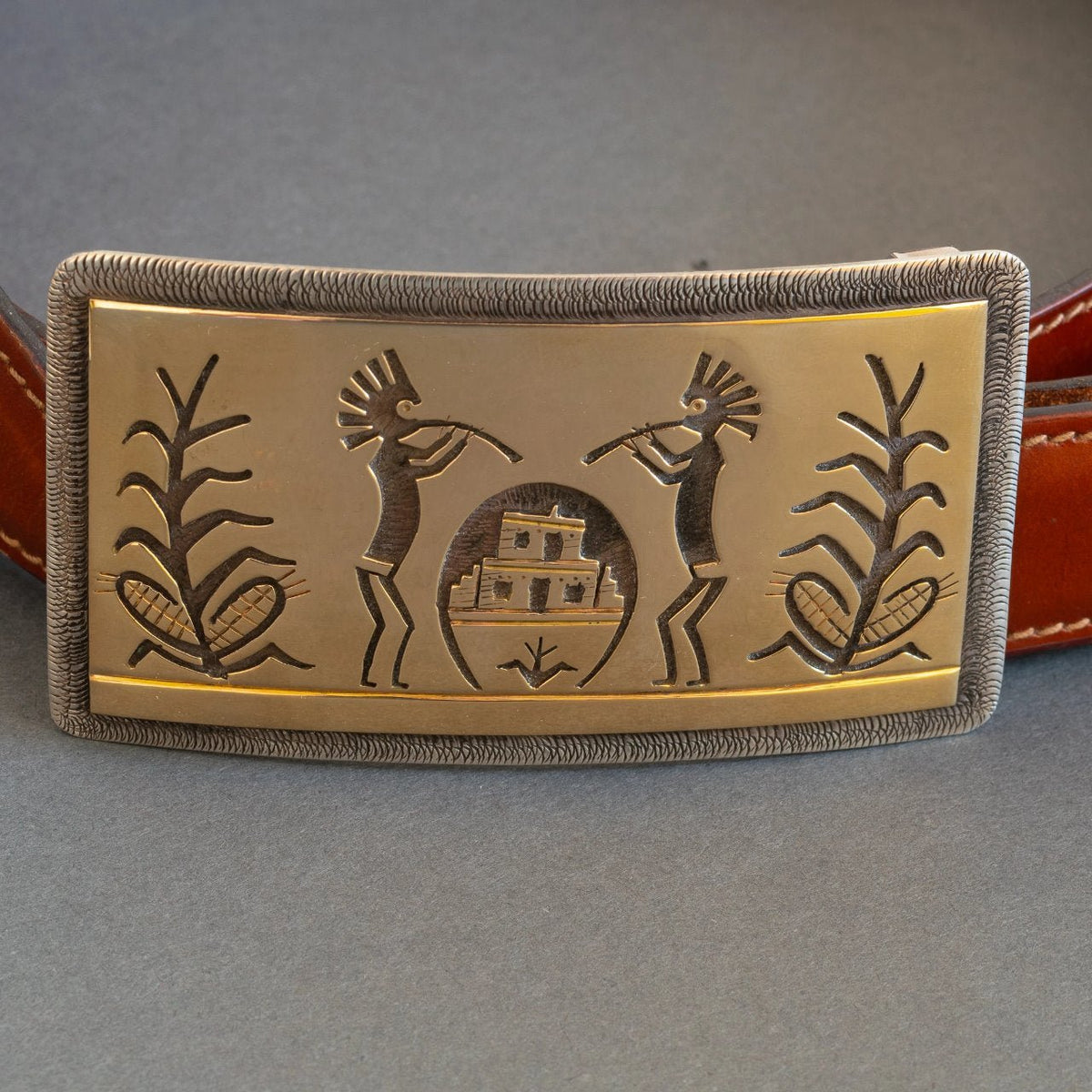 Victor Coochwytewa Belt Buckle of 14kt Gold Overlay With Flute Players - Turquoise & Tufa