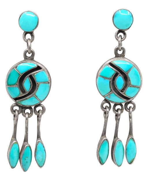 Vintage Annie Quam Gasper Dangle Earrings Turquoise Hummingbird Inlay - Turquoise & Tufa