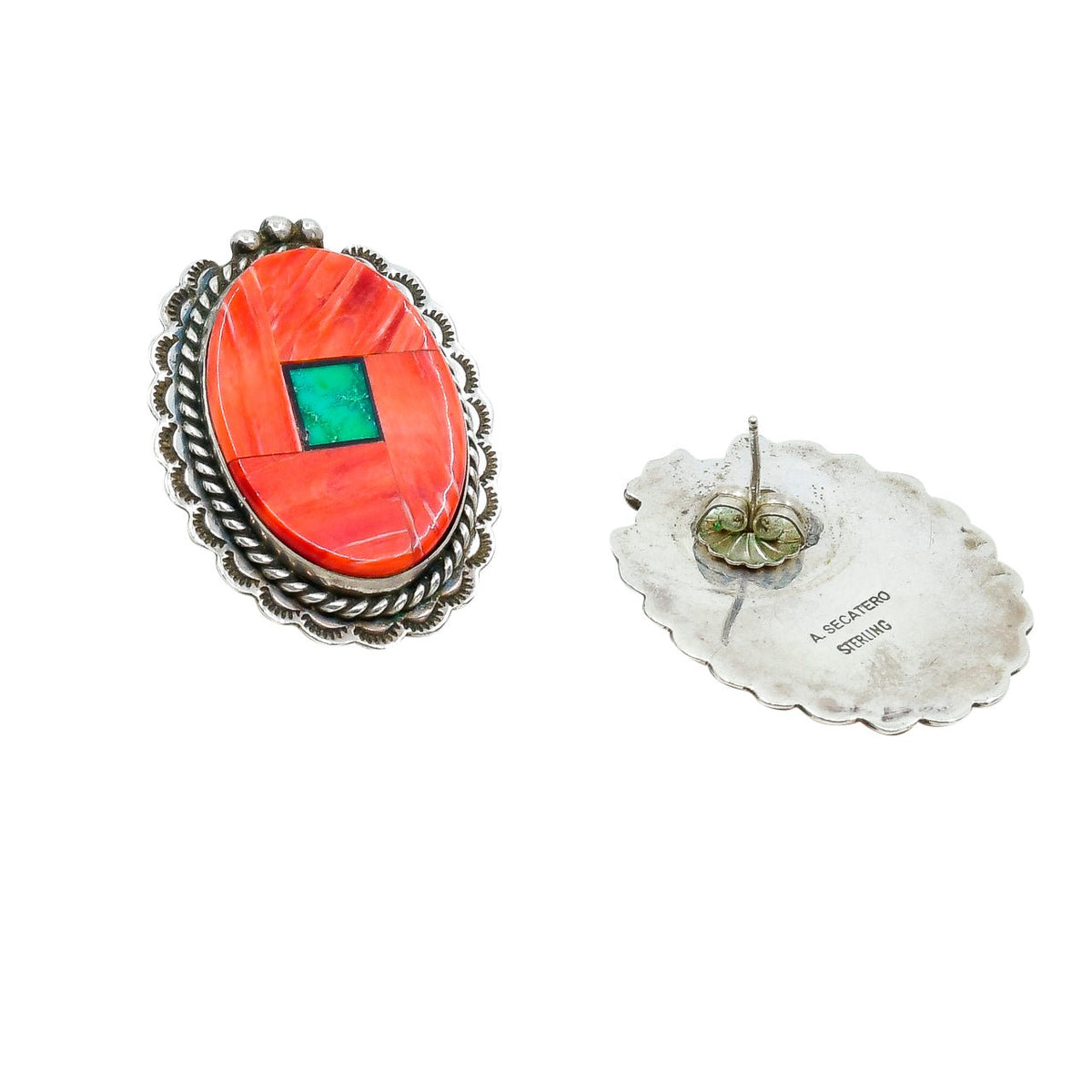 Vintage Earrings of Mosaic Inlay Spiny Oyster and Turquoise - Turquoise & Tufa