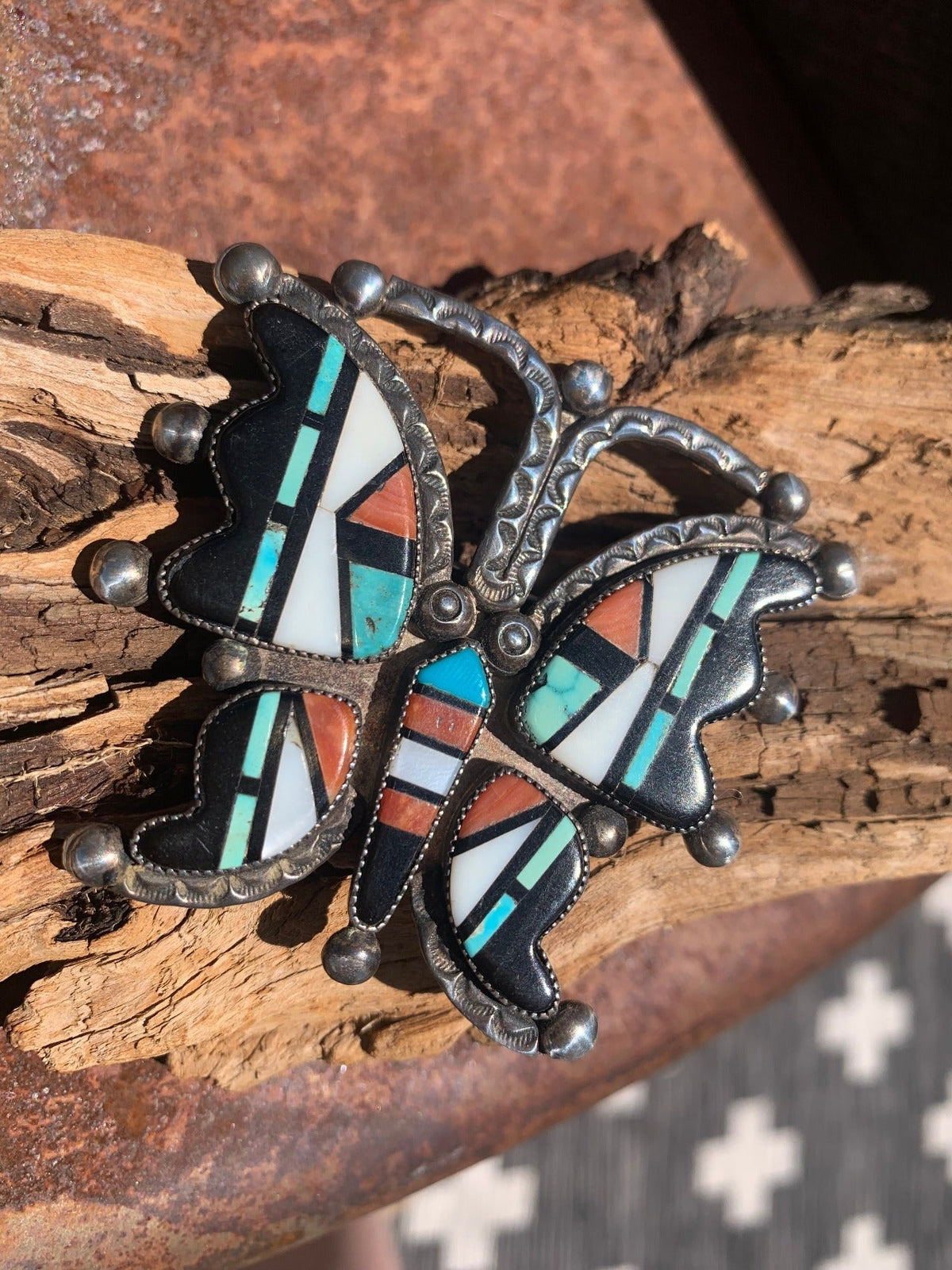 Vintage Frank Vacit Pin of Inlay Butterfly - Turquoise & Tufa