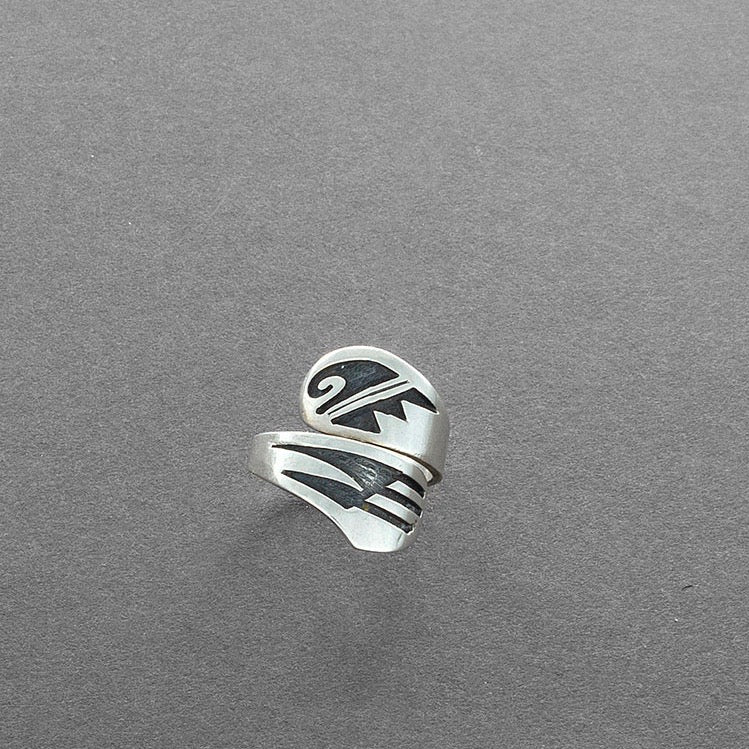 Vintage Hopi Guild Silver Overlay Ring With Bird Wing Design - Turquoise & Tufa