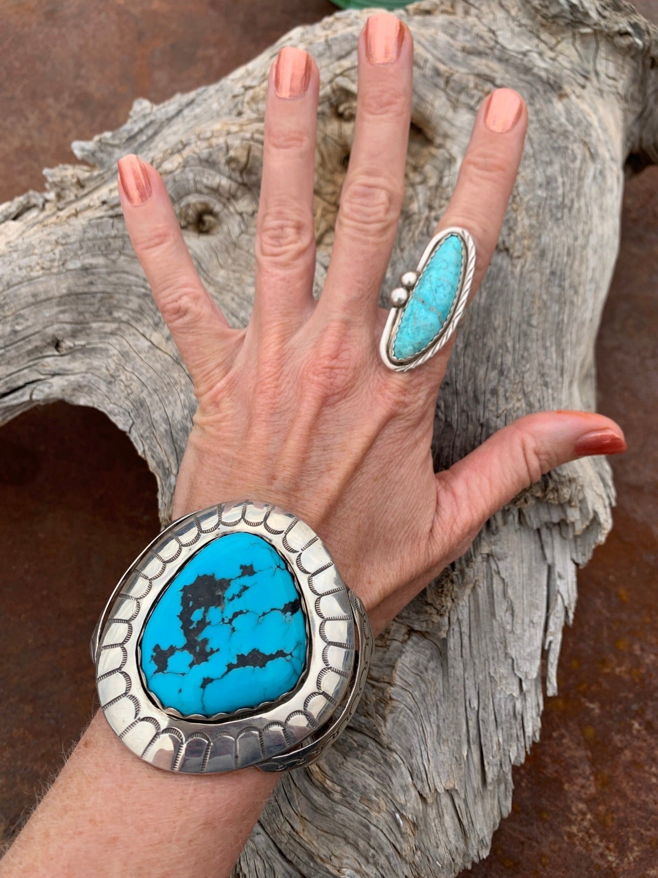 Vintage Kee Joe Benally Bracelet of Silver and Large Turquoise Stone - Turquoise & Tufa