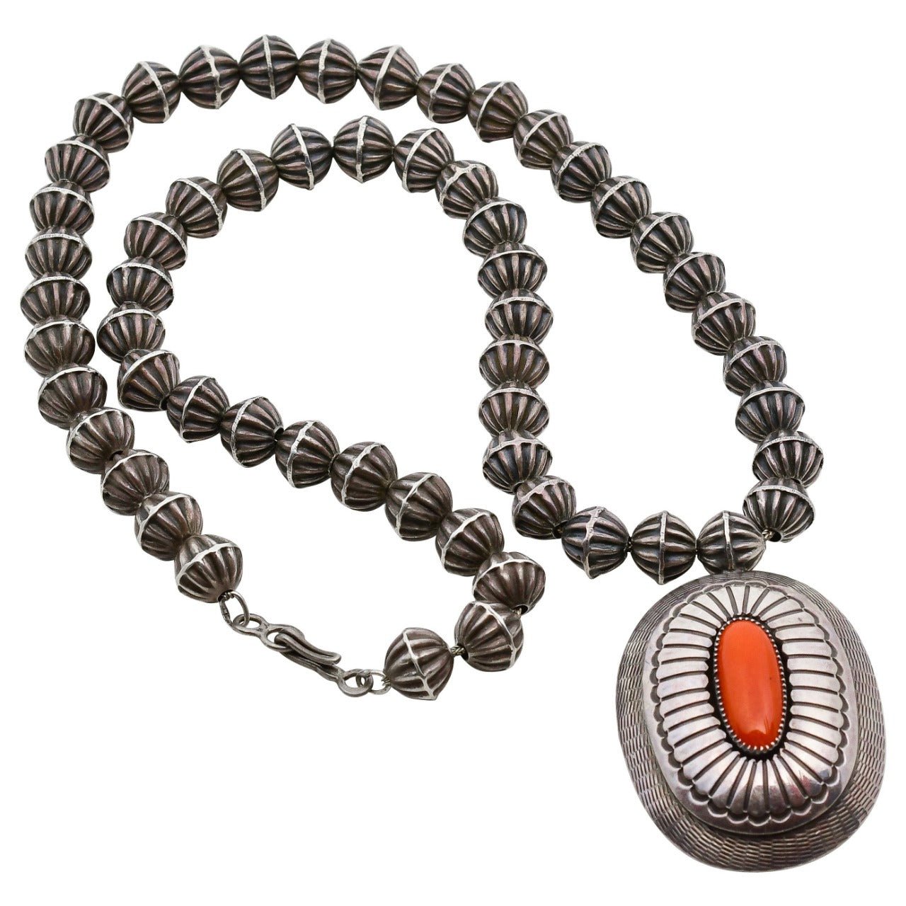 Vintage Lee Yazzie Necklace of Silver Beads With Coral Pendant - Turquoise & Tufa