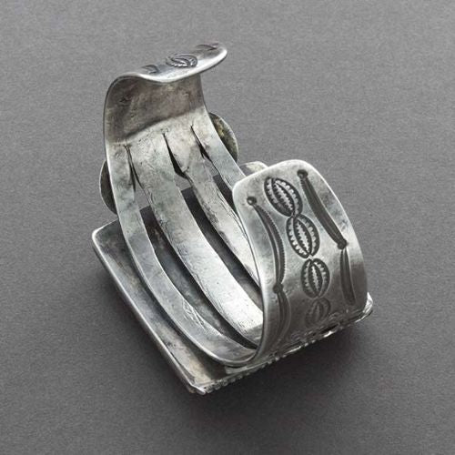 Vintage Navajo Bracelet of Silver With Large Square Agate Stone - Turquoise & Tufa