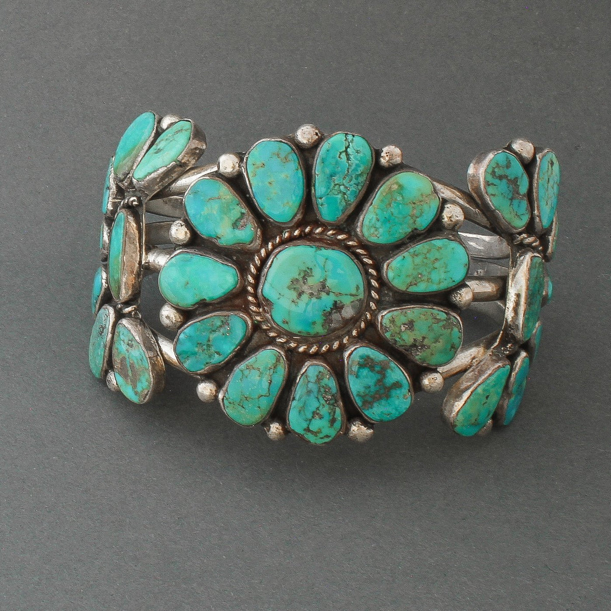 Vintage Navajo Cluster Bracelet of Silver and Turquoise - Turquoise & Tufa