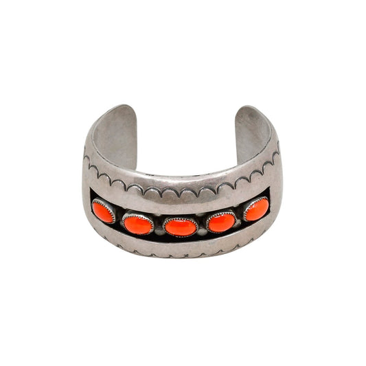 Vintage Navajo Hollow Form Shadow Box Bracelet With Red Coral - Turquoise & Tufa