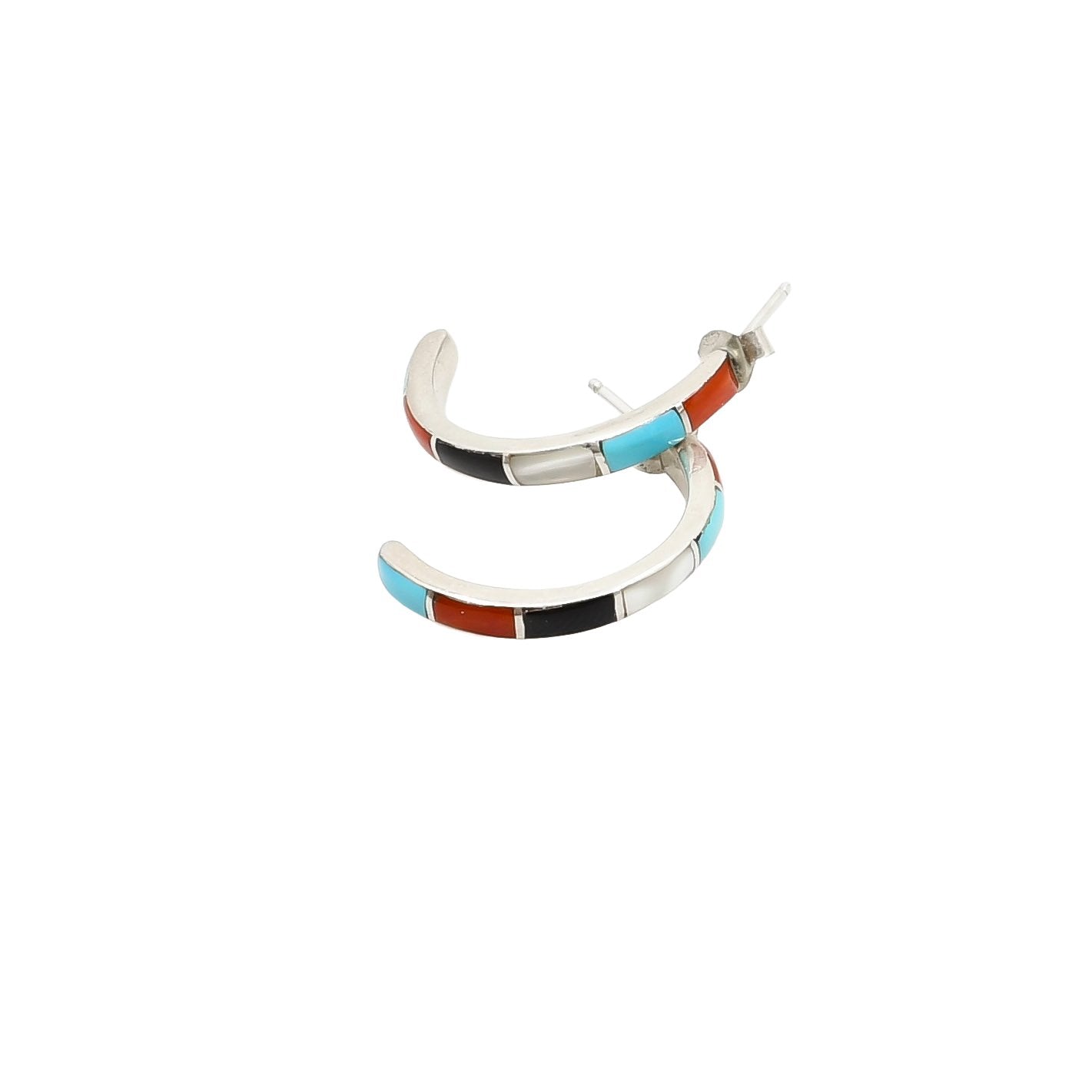 Vintage Navajo Inlay Half Hoop Earrings With Multiple Stones - Turquoise & Tufa