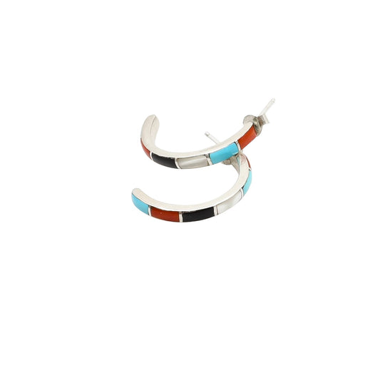 Vintage Navajo Inlay Half Hoop Earrings With Multiple Stones - Turquoise & Tufa