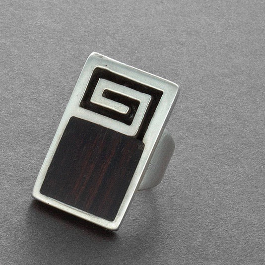 Vintage Navajo Modernist White Hogan Ring of Ironwood and Silver - Turquoise & Tufa