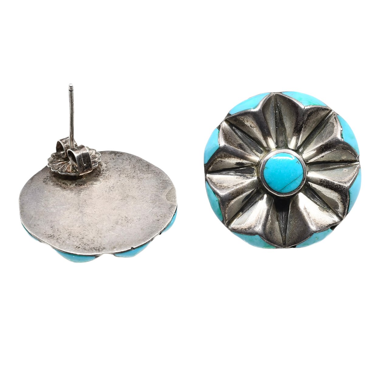 Vintage Navajo or Pueblo Round Earrings With Turquoise Side Inlay - Turquoise & Tufa