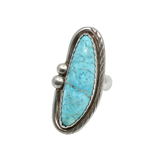Vintage Navajo Ring With Elongated Turquoise Stone - Turquoise & Tufa