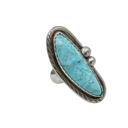 Vintage Navajo Ring With Elongated Turquoise Stone - Turquoise & Tufa