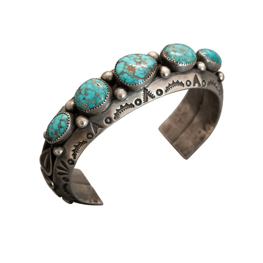Vintage Navajo Row Bracelet With Fine Natural Turquoise - Turquoise & Tufa