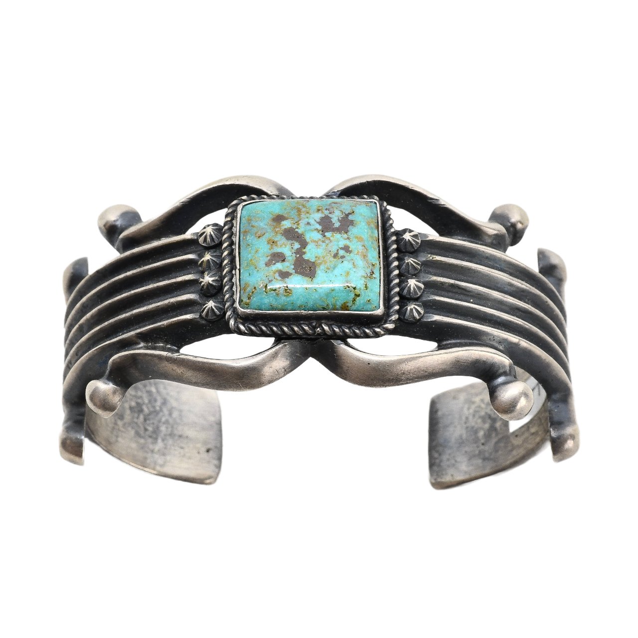 Vintage Navajo Silver and Turquoise Sand Cast Bracelet - Turquoise & Tufa