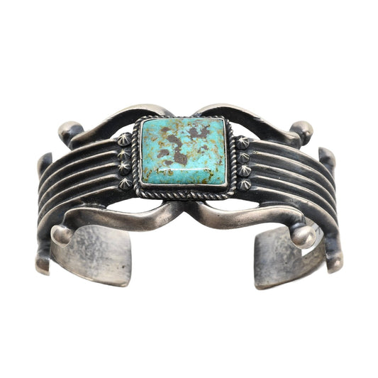 Vintage Navajo Silver and Turquoise Sand Cast Bracelet - Turquoise & Tufa
