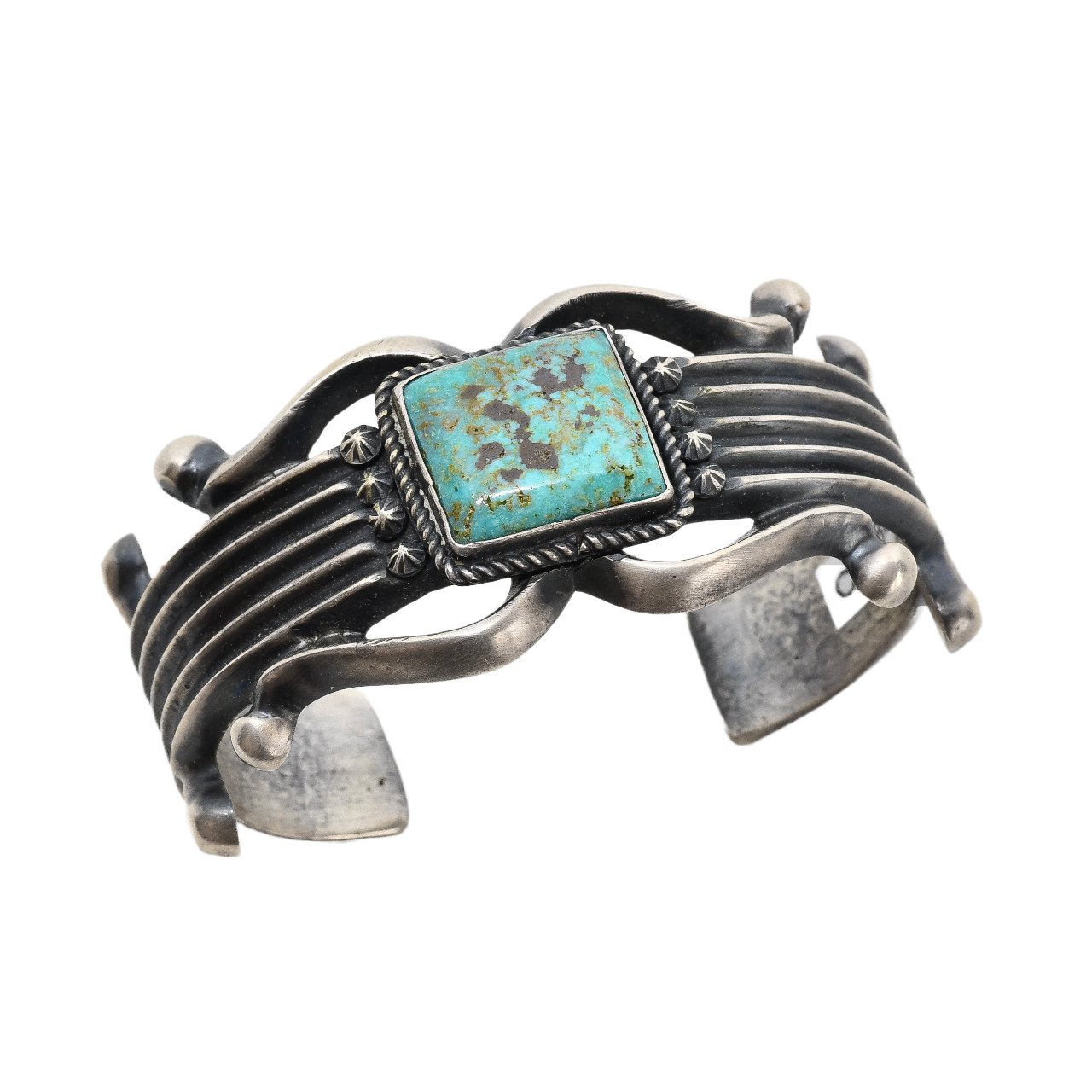Vintage Navajo Silver and Turquoise Sand Cast Bracelet - Turquoise & Tufa