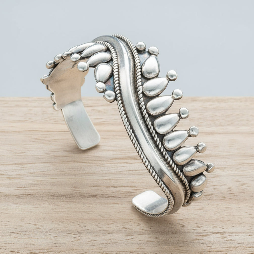 Vintage Navajo Silver Bracelet With Raindrops - Turquoise & Tufa