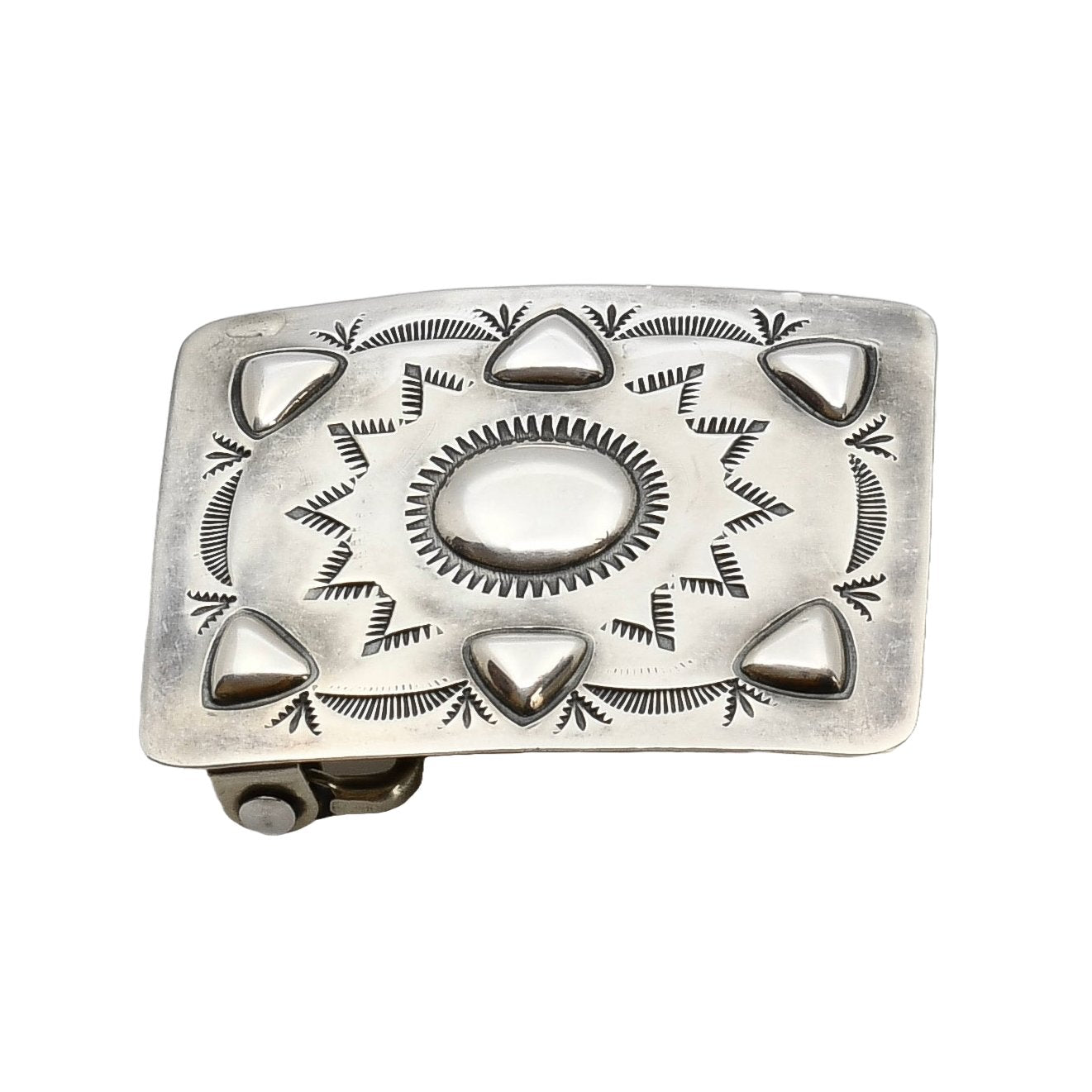 Vintage Navajo Silver Buckle of Repousse and Stamping - Turquoise & Tufa